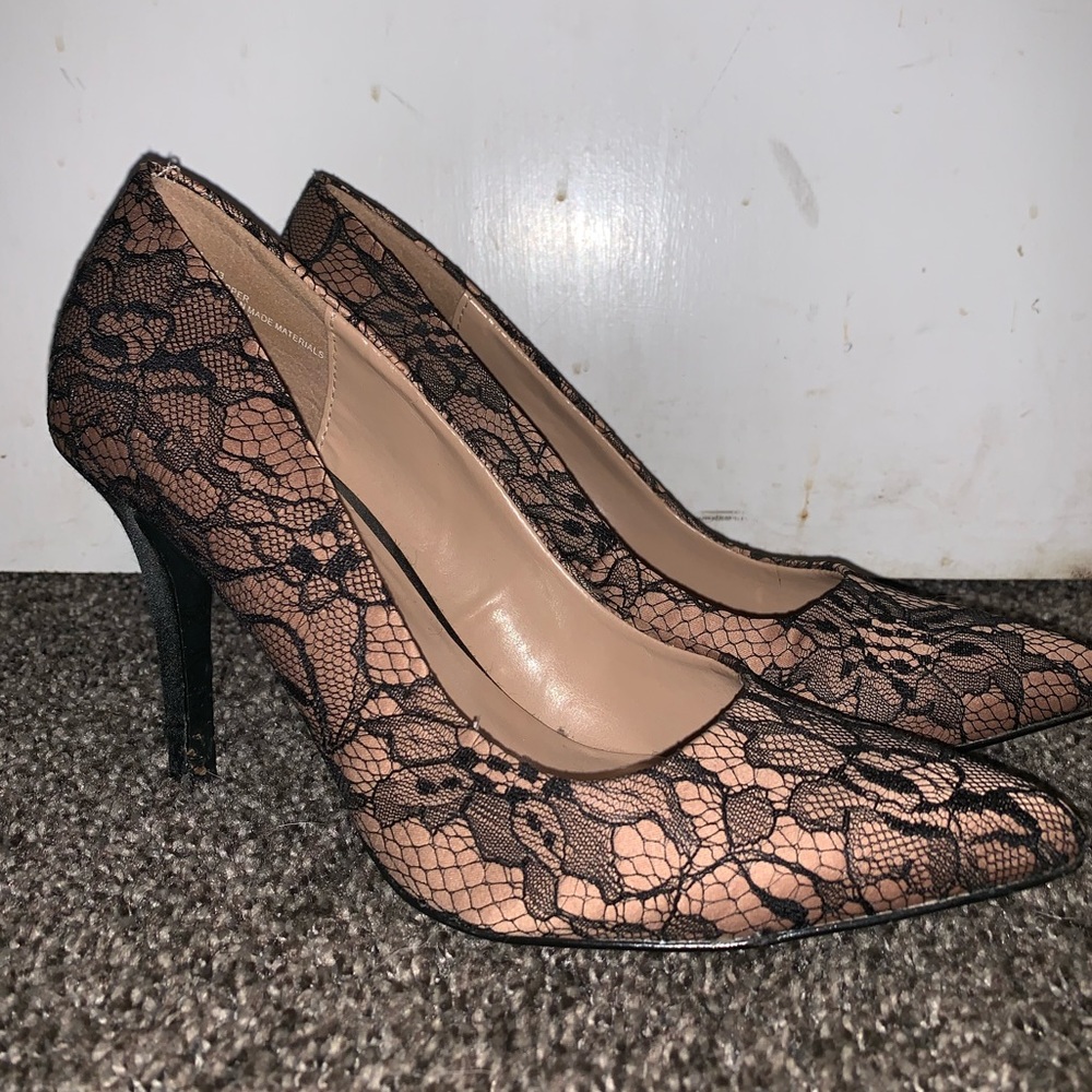 Nude and black lace heels